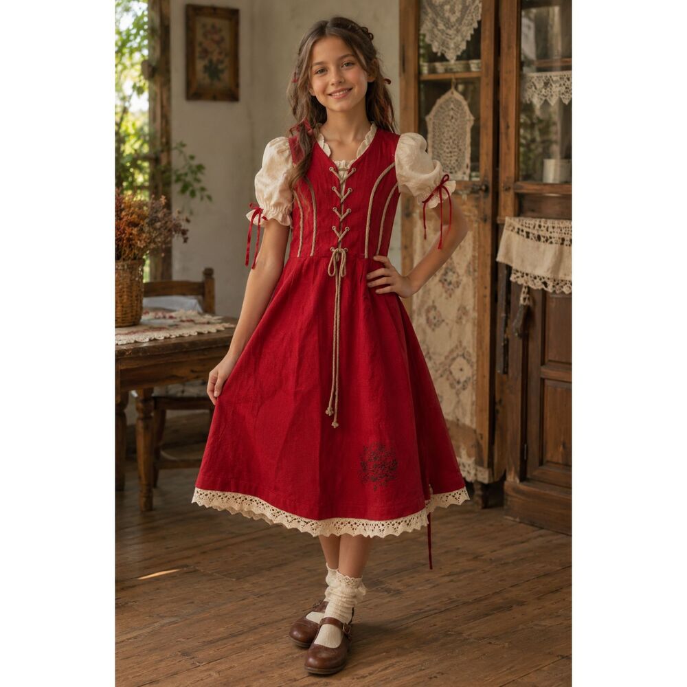 Traditional Dirndl Style Dress | Lace Up Oktoberfest Cottagecore | Youth S 140